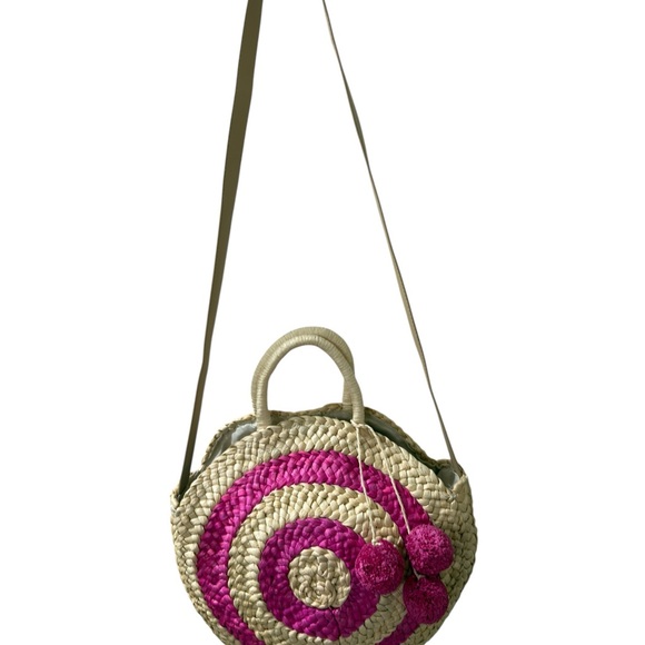 Source Unknown Handbags - Unbranded Corn Husk Circle Beach Tote Pink Pom Poms 47 inch Leather Strap Boho